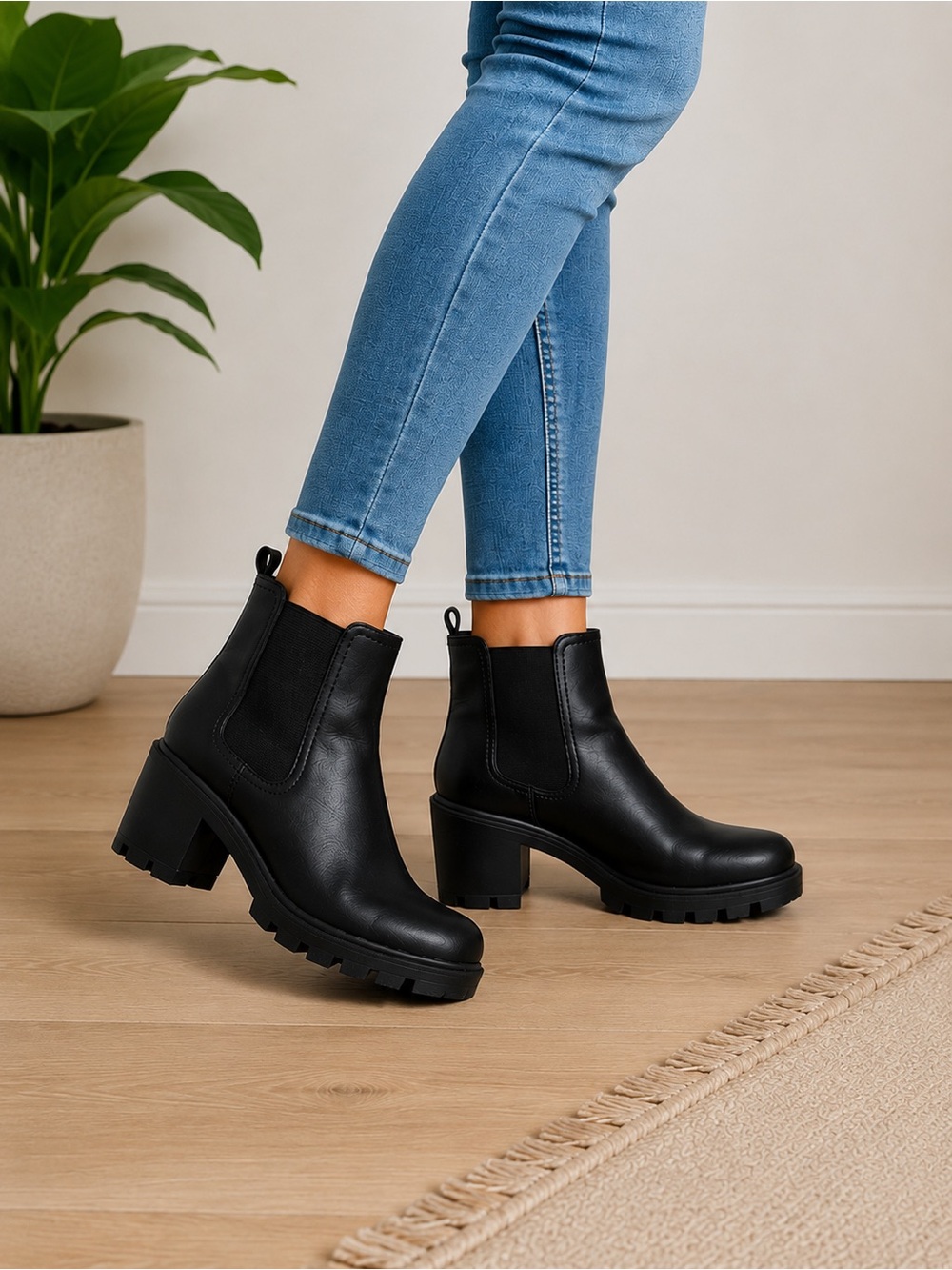 Arizona Jean Co Women’s 7.5 Black Chelsea Ankle Boots Chunky Lug Block Heel